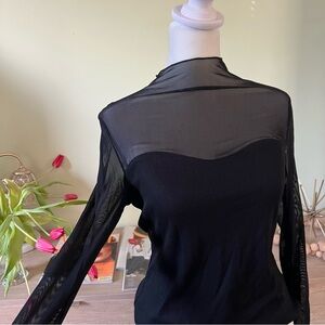 SHEIN Black Mesh Long-Sleeve Shirt Built-in Ribbed Corset Formal Fancy Top Sz M